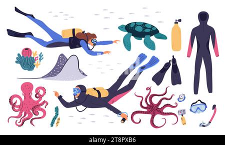 Tauchelemente. Unterwasser-Schwimmausrüstung. Leute in Taucheranzügen und Masken. Tiefseeforscher. Meeresboden-Oktopus. Meerrochen und Schildkröte Stock Vektor