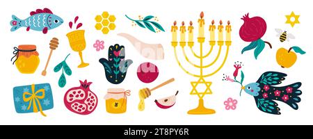 Rosh hashanah und Shana Tova Elemente. Jüdische Neujahrsobjekte. Traditionelle Weihnachtssymbole. Honigglas. Fisch und Granatapfel. Kerzen in Stock Vektor