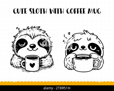 Niedliches Faultier, das Tasse Kaffee Illustration isoliert auf weißem Hintergrund hält. Vektor. Stock Vektor