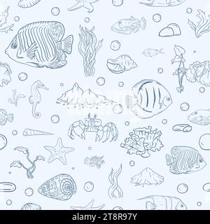 Nahtloses Vektormuster für Geschenkpapier mit Unterwasserwelt, Meereslebewesen, Fisch und Muscheln Stock Vektor
