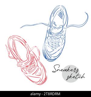 Vorlage Vektor Tennis oder Laufschuhe, passend für Ihr individuelles Sneaker-Design, Umrissvektor-Doodle-Illustration, Seite, Rückseite, Draufsicht, isoliert Stock Vektor
