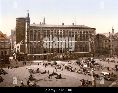 Rathaus und Marktplatz von Aachen, Nordrhein-Westfalen, Deutschland, Historisch, Photochromdruck aus den 1890er-Jahren / Rathaus und Marktplatz von Aachen, Nordrhein-Westfalen, Deutschland, Historisches, Photochromdruck aus den 1890er Jahren Stockfoto