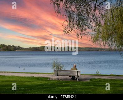 Sonnenuntergang auf einem See in der Mecklenburgischen Seenplatte mit einem alten Mann auf einer Bank Stockfoto
