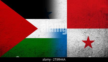 Flagge von Palästina und Nationalflagge der Republik Panama. Grunge-Hintergrund Stockfoto