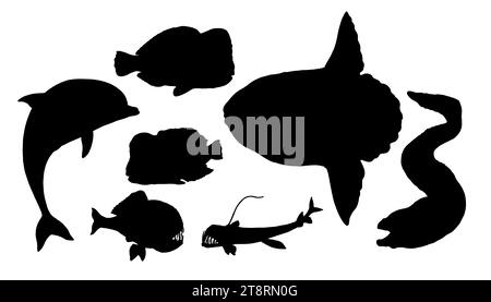 Set mit Fischsilhouetten: Gumphead Papageienfische, Muränen, Sonnenfische, Delfine und Anglerfische. Handgezeichnete Abbildung zum Ausschneiden und Verkleben. Stockfoto