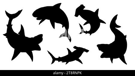 Set mit Haien Silhouetten: Großer weißer Hai, Megalodon, Mako und Hammerhai. Handgezeichnete Abbildung zum Ausschneiden und Verkleben. Stockfoto