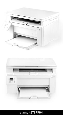 Die Reihe moderner weißer Drucker isoliert auf weißem Hintergrund Stockfoto