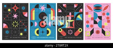 Moderne ästhetische geometrische Plakate mit abstrakten futuristischen Formen. Cover-Set mit trendigen Prints im brutalistischen Stil. Vektorflyerkollektion mit bunten grafischen Elementen des bauhauses, einfache Figuren Stock Vektor