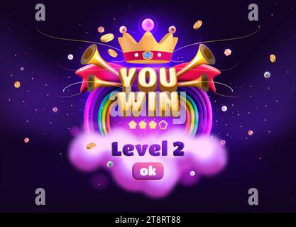 Du gewinnst das Popup-Banner für das Spiel, den Bildschirm mit dem Abzeichen „Level Complete“. Casino Jackpot Ergebnis mit goldenen Sternen und Krone, Trompeten und Red Ribbon Award. Glückwunschhintergrund, Vektor-Zeichentrickillustration. Stock Vektor