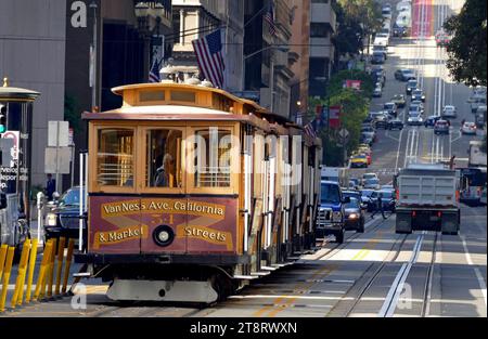 San Francisco Cable Cars, das San Francisco Cable Car System, ist das letzte manuell betriebene Cable Car System der Welt. Als Wahrzeichen von San Francisco, USA, ist das Cable Car System Teil des intermodalen städtischen Verkehrsnetzes der San Francisco Municipal Railway. Von den 23 Linien, die zwischen 1873 und 1890 eingerichtet wurden, sind nur drei übrig geblieben (eine davon verbindet Teile zweier früherer Linien): Zwei Strecken von der Innenstadt nahe Union Square zur Fisherman's Wharf und eine dritte Strecke entlang der California Street. Stockfoto