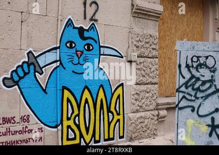 An der Wand eines Gebäudes in Zaporischzhia ist ein patriotisches Katzengraffiti (geschrieben – „Freiheit“) zu sehen, das von der LBWS CAT UKRAINE-Mannschaft hergestellt wurde. LBWS CAT UKRAINE ist ein Team von Künstlern aus Odesa City, die patriotische Straßenkunst mit verschiedenen Bildern von Katzen in Kriegszeiten kreieren. Die Künstler sagen, dass sie Katzen ausgewählt haben, weil dies eines der inoffiziellen Symbole ihrer Heimatstadt Odesa ist. Ihor Matroskyn und Andrii Bilyi kommen beide aus Odesa und sind Teil der LBWS CAT UKRAINE, die derzeit aus fünf Personen besteht, von denen die meisten lieber anonym bleiben. Die Künstler verwenden ihre eigenen Mittel für ihre Stockfoto