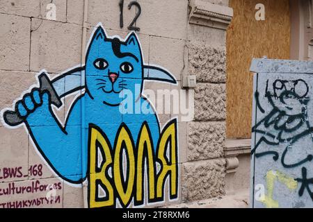 An der Wand eines Gebäudes in Zaporischzhia ist ein patriotisches Katzengraffiti (geschrieben – „Freiheit“) zu sehen, das von der LBWS CAT UKRAINE-Mannschaft hergestellt wurde. LBWS CAT UKRAINE ist ein Team von Künstlern aus Odesa City, die patriotische Straßenkunst mit verschiedenen Bildern von Katzen in Kriegszeiten kreieren. Die Künstler sagen, dass sie Katzen ausgewählt haben, weil dies eines der inoffiziellen Symbole ihrer Heimatstadt Odesa ist. Ihor Matroskyn und Andrii Bilyi kommen beide aus Odesa und sind Teil der LBWS CAT UKRAINE, die derzeit aus fünf Personen besteht, von denen die meisten lieber anonym bleiben. Die Künstler verwenden ihre eigenen Mittel für ihre Stockfoto