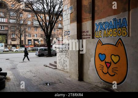 An der Wand eines Gebäudes in Zaporischzhia ist ein patriotisches Katzengraffiti (geschrieben: „Ukraine is love“), das vom LBWS CAT UKRAINE Team hergestellt wurde. LBWS CAT UKRAINE ist ein Team von Künstlern aus Odesa City, die patriotische Straßenkunst mit verschiedenen Bildern von Katzen in Kriegszeiten kreieren. Die Künstler sagen, dass sie Katzen ausgewählt haben, weil dies eines der inoffiziellen Symbole ihrer Heimatstadt Odesa ist. Ihor Matroskyn und Andrii Bilyi kommen beide aus Odesa und sind Teil der LBWS CAT UKRAINE, die derzeit aus fünf Personen besteht, von denen die meisten lieber anonym bleiben. Die Künstler verwenden ihre eigenen Mittel für die Finanzierung Stockfoto