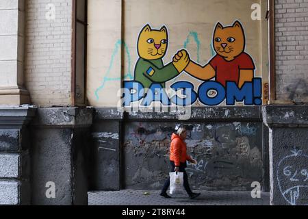 Zaporischzhia, Ukraine. November 2023. Eine Frau läuft an Kampfkatzen-Graffiti (geschrieben - 'Together') vorbei, das vom LBWS CAT UKRAINE Team in Zaporischschhia hergestellt wurde. LBWS CAT UKRAINE ist ein Team von Künstlern aus Odesa City, die patriotische Straßenkunst mit verschiedenen Bildern von Katzen in Kriegszeiten kreieren. Die Künstler sagen, dass sie Katzen ausgewählt haben, weil dies eines der inoffiziellen Symbole ihrer Heimatstadt Odesa ist. Ihor Matroskyn und Andrii Bilyi kommen beide aus Odesa und sind Teil der LBWS CAT UKRAINE, die derzeit aus fünf Personen besteht, von denen die meisten lieber anonym bleiben. Die Künstler Stockfoto