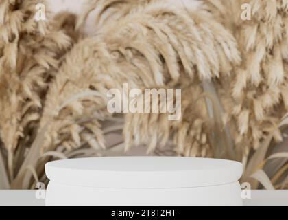 Minimalistisches Podium mit weichem, beigefarbenem Pampasgras, ideal für die Produktpräsentation. Bühne für kosmetische Präsentation. Natürliches Modell. Sockel Stockfoto