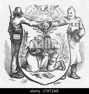 Die Gewerkschaft wie sie war, Harper's Weekly, 10. Oktober 1874. (Der Titel spielt auf die alte CA an. Copperhead-Wahlkampfslogan von 1862 "die Union wie sie war, die Verfassung wie sie ist".) Auf einem pseudo-heraldischen Schild ist eine schwarze Familie zwischen einem gelynchten Körper, der an einem Baum hängt, und den Überresten eines brennenden Schulhauses dargestellt, mit der Überschrift „schlimmer als Sklaverei“. Die „Unterstützer“ sind ein Mitglied der White League und ein Ku Kluxer mit Kapuze, der der „verlorenen Ursache“ die Hand schüttelt. Stockfoto