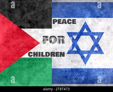 Grunge-Flagge von Israel und Palästina. Text „Frieden für Kinder“ Stockfoto