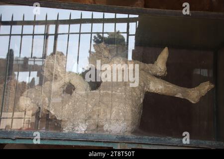 Ruinen von Pompeji: Besetzung des menschlichen Opfers, Überreste der römischen Stadt, die durch den Ausbruch des Mt. Vesuv im Jahre 79 n. Chr. und in der Neuzeit ausgegraben, Italien Stockfoto