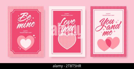 Set mit modernen romantischen Valentinstag-Postern und Covern in flachem Stil. Sei mein, liebe dich, du und ich. Vektorabbildung Stock Vektor