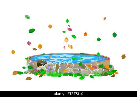 Kleiner Teich mit herabfallenden Herbstblättern. Kleiner Zierteich mit Wasser und Steinen. Japanisches Gartenelement. Wasser in gut. Vektorabbildung Stock Vektor