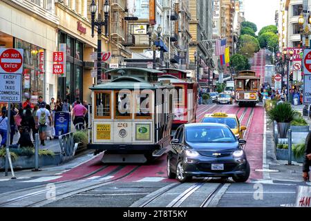 Powell St. San Francisco, USA, Powell Street ist eine Straße in San Francisco, USA, Kalifornien, die von der Market Street über den Union Square, North Beach, Nob Hill, Russian Hill und Fisherman's Wharf führt Stockfoto