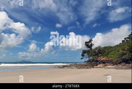 Waipo Cove Northland NZ, etwa zwei Autostunden nördlich von Auckland, Neuseeland, liegt die Bream Bay. Der 13 km lange weiße Sand beginnt am Marsden Point im Norden und endet am Langs Beach im Süden und umfasst die kleinen Städte One Tree Point, Ruakaka, Waipu und Waipu Cove. Die Strände sind der offensichtlichste Grund für einen Besuch der Bream Bay, da sie zu den besten des Landes gehören Stockfoto