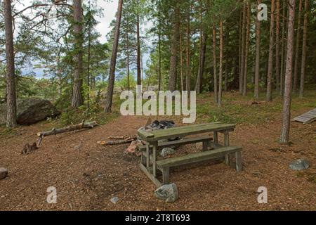 Campingfeuer hinter Tisch und Bänken auf der Insel Linlo im Wald, Kirkkonummi, Finnland. Stockfoto