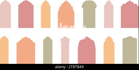 Sammlung von islamischen Ramadan Kareem und Eid Mubarak Türen und Bögen im orientalischen Stil. Modernes Design mit Türen, Kuppeln und Laternen. Vektorsilhouette Stock Vektor