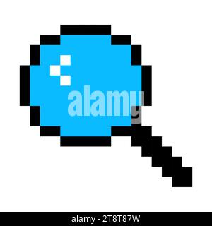 Lupe mit blauem Glasstrichsymbol. Suchleiste, Glas, Vergrößerung, Optik, Pixelstil. Mehrfarbiges Symbol auf weißem Hintergrund Stock Vektor