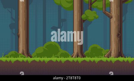 8-Bit-Waldlandschaft. Pixel Art nahtloser Hintergrund für Arcade und Videospiele. Büsche und Bäume bei dunklem Wetter. Schnittstelle für mobile Apps und prog Stock Vektor