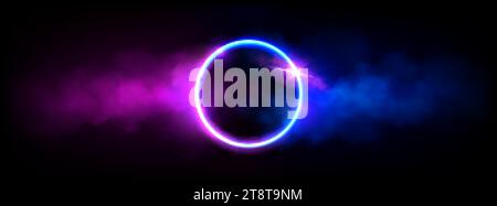Leuchtring in Neon mit Wolke oder Rauch und Glitzern. Realistischer Vektor des LED-Lichtkreises mit leuchtendem rosa und blauem Nebeleffekt auf dunklem Hintergrund Stock Vektor