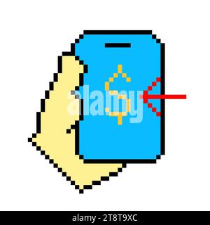 Hand hält blaues Telefon mit Dollarlinien-Symbol. Online-Banking, Geldtransfer, Bankanwendungen, Kryptowährung, Bitcoin, Pixelstil. Mehrfarbig i Stock Vektor