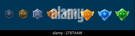 Medaille und Abzeichen mit Stern und Flügeln für das Design des ui-Levels. Zeichentrickvektor-Illustration Set von verschiedenen bunten sechseckigen gui Award Labels und tr Stock Vektor