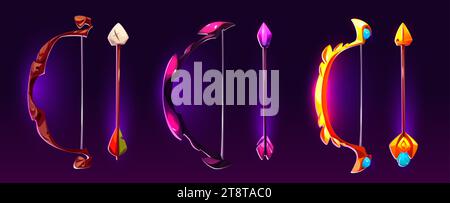 Bogen und Pfeil mit neonleuchtenden dekorativen Elementen und magischen Kräften für Spielstufen oder Rangstufen. Zeichentrickvektor-Illustration Set von fantastischem Holz, Sto Stock Vektor