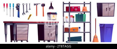 Garage Werkstattraum Cartoon Innenvektorsatz. Zimmermannswerkzeug und Ausrüstung für heimwerker im Keller des Hauses. 2D-Werkzeugkastenbestand in Regalen. M Stock Vektor