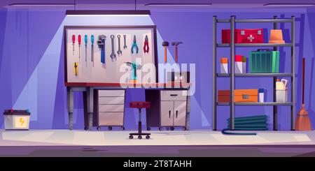 Cartoon Garage Innenraum mit Werkstattmöbeln und Werkzeugen auf Wandtafel. Vektorauto Reparatur- und Lagerraum innen mit Tisch und Stuhl, Rack mit Werkzeug Stock Vektor