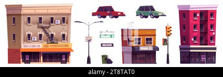 Street City-Elemente für die Landschaftsgestaltung von Stadtkreuzungen. Zeichentrickvektor-Illustration Satz mehrstöckiger Gebäude mit Café und Geschäft, Autos und t Stock Vektor