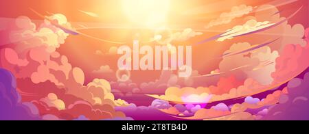 Sonnenuntergang oder Sonnenaufgang Himmel mit Anime flauschigen Wolken. Karikaturvektor-Hintergrund des rosa und gelben Farbverlaufs gefärbter bewölkter Himmel mit Sonnenschein. Romantisch Stock Vektor