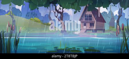 Cartoon Panorama Waldlandschaft mit Holzhütte am Ufer des Teichs umgeben von Bäumen und Büschen im Regen. Vektor-Illustration des Häuschens auf Neigungen mA Stock Vektor