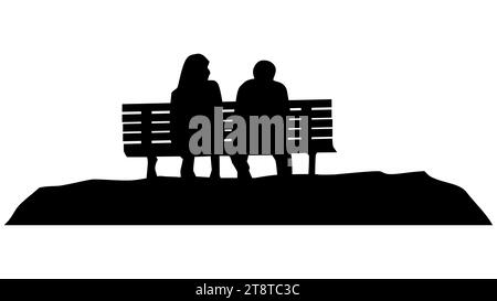 Silhouetten eines Mannes und einer Frau, die auf einer Bank sitzen, isoliert auf weißem Hintergrund. Vektor-Clipart. Stock Vektor