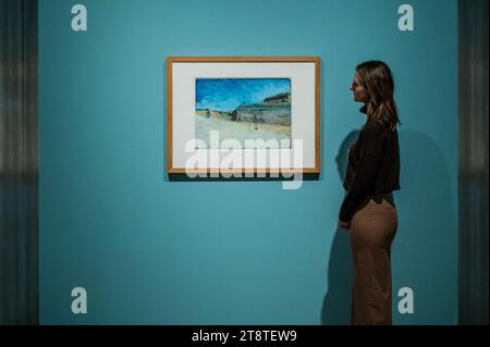 London, Großbritannien. November 2023. Vincent van Gogh, die Festungen von Paris mit Häusern, 1887 - Mpressionists on Paper: Degas to Toulouse-Lautrec eine neue Ausstellung an der Königlichen Akademie. Es geht darum, wie impressionistische und post-impressionistische Künstler im Frankreich des späten 19. Jahrhunderts den Status von Werken auf Papier radikal veränderten. Die Ausstellung zeigt 80 Arbeiten auf Papier. Bilder dürfen NUR verwendet werden, wenn sie auf diese Ausstellung verweisen. Guy Bell/Alamy Live News Stockfoto