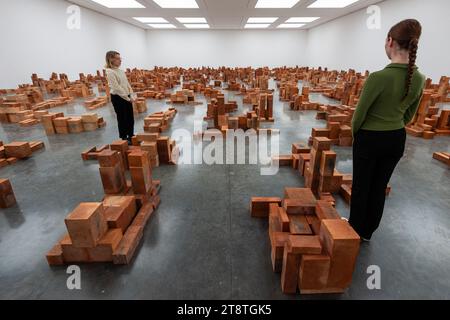 London, Großbritannien. 21. November 2023. „Rastplatz“, 2023, von Antony Gormley, 244 Terrakotta-Figuren, bei einer Vorschau auf die neue Ausstellung „Body Politic“ des Künstlers Antony Gormley im White Cube Bermondsey. Fünf neue Arbeitsgruppen untersuchen die Beziehung des Menschen zu seinem industriell gefertigten Lebensraum in einer Ausstellung vom 22. November 2023 bis 28. Januar 2024. Quelle: Stephen Chung / Alamy Live News Stockfoto