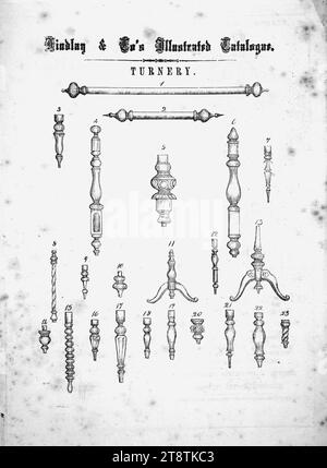 Findlay & Co.: Findlay and Co's Illustrated Catalog. Dreh. 1874 zeigt zwei Designs für Holzschienen und etwa zwanzig Designs für Holztisch- und Stuhlbeine, Tischständer usw. Stockfoto