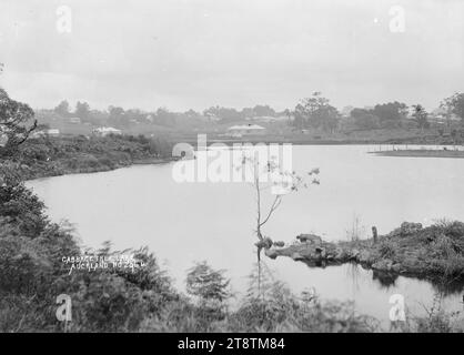 Blick auf den Cabbage Tree Lake, Auckland, Neuseeland, Blick auf einen kleinen See mit mehreren Häusern auf der anderen Seite Anfang der 1900er Jahre Stockfoto