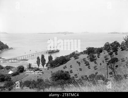 Fähre am Kai, Cowes Bay, Waiheke Island, Blick auf die Cowes Bay von einem hohen Aussichtspunkt über der Bucht aus und Blick nach Nordosten in Richtung Pakatoa Island in der Ferne. Eine Fähre liegt am Kai. Ein Zelt ist im Vordergrund links neben dem Strand zu sehen. In der Bucht liegen mehrere Sportboote. Eine Stromleitung ist gerade im unmittelbaren Vorderboden zu sehen, die Anfang der 1900er Jahre den Hügel hinunter zur Bucht führt Stockfoto