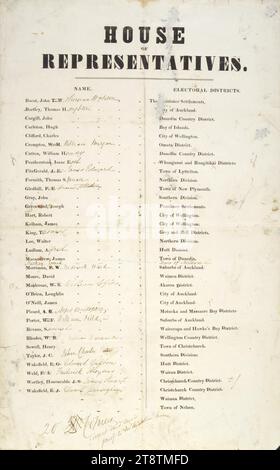 Neuseeland. Parlament. Repräsentantenhaus: Repräsentantenhaus. Liste der Politiker und ihrer Wahlbezirke. 1853, Inschriften: Inschrift - einige Anmerkungen. Unten links: 20 Kopien - korrekt und schicken Sie den Beweis an Mr. Moodies Haus Stockfoto