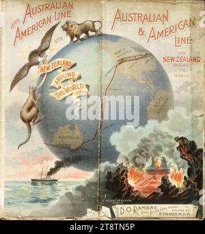 Australian & American Line: Australian & American Line über Neuseeland in der ganzen Welt. Broschürenumschlag. 1890s zeigt die Welt als Globus mit Australien, Neuseeland und Amerika. Ein Adler, ein Löwe und ein Känguru stehen oben links auf der Welt. Ein Dampfschiff passiert unten links und unten rechts bricht der Vulkan Kilauea, Hawaii aus. Die Route der Reederei wird über den Pazifik gezeigt Stockfoto