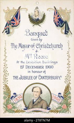 Bankett des Bürgermeisters von Christchurch, Neuseeland und Mrs. Reece in den Ausstellungsgebäuden am 19. Dezember 1900 zu Ehren des Jubiläums von Canterbury. John Robert Godley. 1850 bis 1900 / Whitcombe & Tombs Ltd CH 49 zeigt eine zentrale Formulierung mit den britischen und neuseeländischen Flaggen an den oberen Ecken, ein Porträt von Königin Victoria in der oberen Mitte und ein Porträt von John Robert Godley in der unteren Mitte Stockfoto