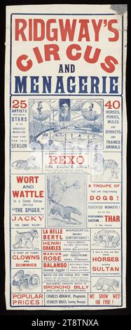 Ridgway's Circus und Menagerie. New Zealand Times Print CA 1910-1919, zeigt eine Anordnung verschiedener Texte, angeordnet um Einstichstiche von Zirkusdarstellern und ein eingelassenes Kopf- und Schulterportrait von Charles? Ridgway, der Besitzer. Der Tourleiter war Stanley Riggs. Einsätze zeigen einen Zirkusring, einen Löwen, einen Tiger, einen Mann, der auf dem Rücken eines galoppierenden Pferdes steht, einen Pavian, einen Bären, eine Hyäne und eine Schlange. Dargestellte Darsteller waren: Rexo der Fluchtkönig; Wort und Wattle in einem Comic-Hauptgericht „The Spider“, eine Truppe springender Hunde; ein darstellender Thar; La Belle Beryl Stockfoto