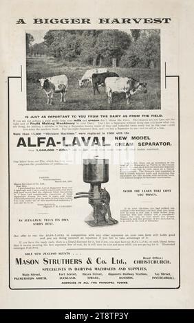 Mason Struthers & Company Ltd: Eine größere Ernte .. Mehr als 15.000 „falsche Maschinen“ wurden 1908 durch den Alfa-Laval-Cremeabscheider ersetzt. Über 1.000.000 „Alfas“ wurden bisher verkauft, mehr als das Vielfache aller anderen Marken zusammen. Sole New Eifer, Werbung für den Alfa-Laval Cremetrenner zeigt oben auf der Seite ein Foto von vier Kühen in einem Paddock. Der Text erläutert die Vorzüge des Alfa-Laval-Trenners und gibt einen Bericht von F R Cameron von Greenmeadows vom 3. März 1909 wieder. Stockfoto